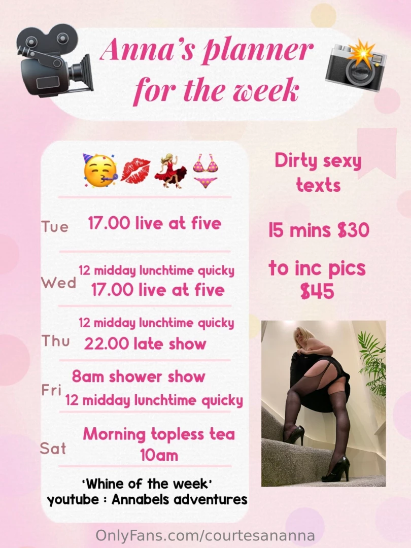 This weeks schedule see you at live at five have a titillating tuesday 