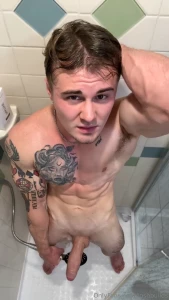 Throbbing cock jerk in the shower while i blast my hole with the jet