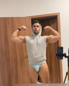 Just a strong man in blue briefs