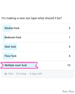 In my last poll you voted where you wanted to see my next sex tape to