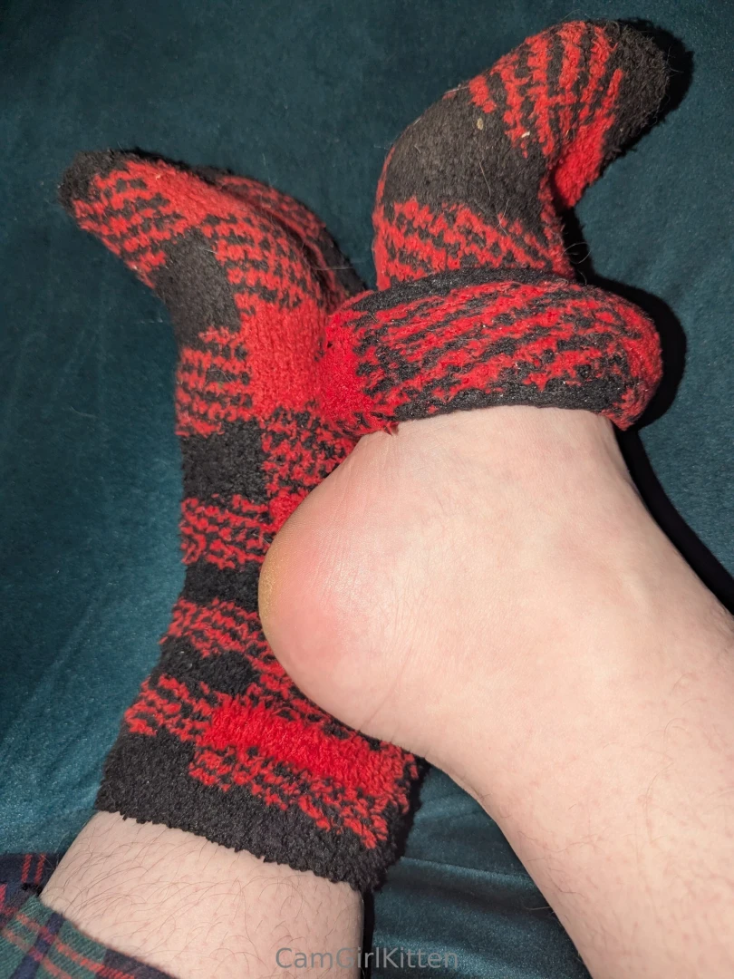 Red plaid fuzzy socks and purple pedicure closeups 