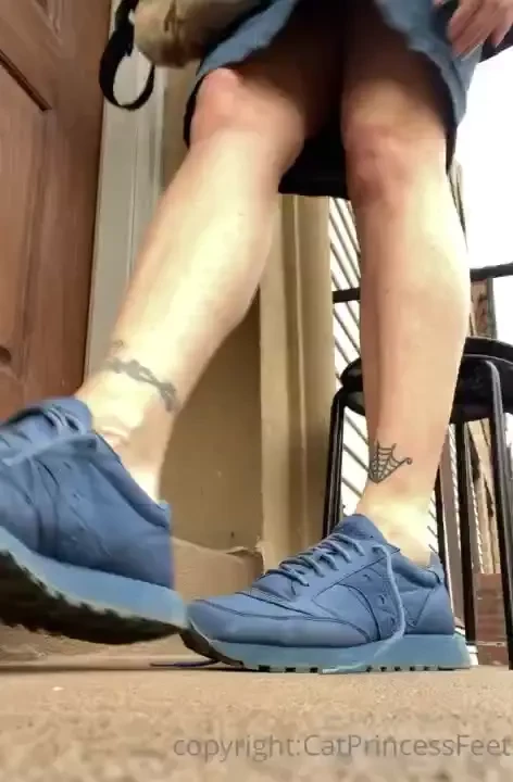 Barefoot in sneakers watch as i slip out of my old shoes and stretch part 1 