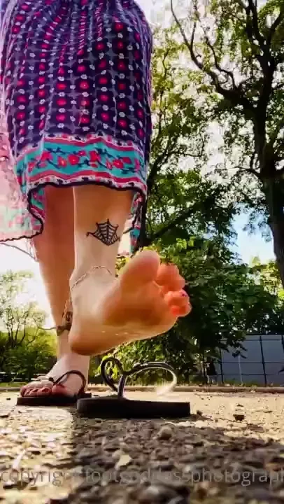 Watch me slomo barefoot at the park in my long see-thru skirt and flip 