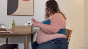 Stuffing my face with a huge box of bbq food ribs chicken mac and