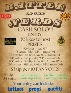 New cash solo battle of the nerds no minimum fan count no minimum vote