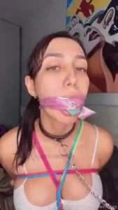 Gag talk with a sock stuffed cleave gag and ropes