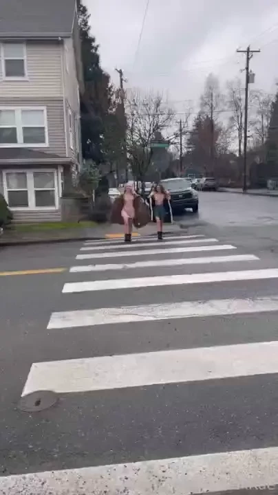 Crossing the street topless with cozysophie filmed from two different part 1 