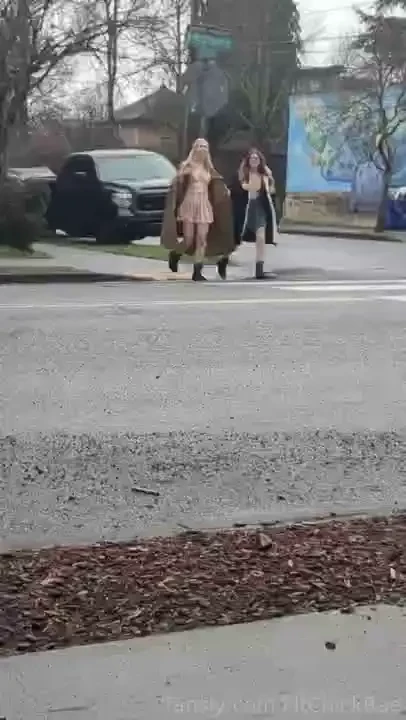 Crossing the street topless with cozysophie filmed from two different 