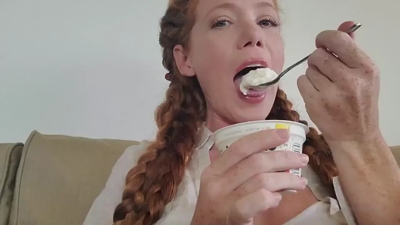 Yogurt mukbang video posted eye contact and swallowing white creamy 