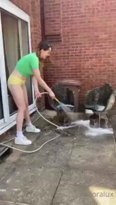 Hosing down the cream after a wam shoot and getting flirty with the