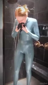 Shedding my skin in this catsuit removal clip yum p