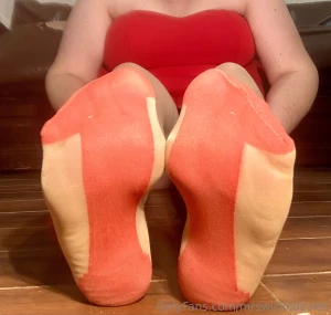 Enjoy me in my red strapless dress and red back seam stockings for