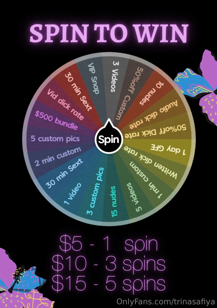 Spin the wheel of pleasure tip 5 for one spin 10 for 3 spins and 15 