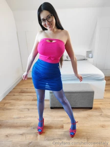 1069 - pink strapless top and wedges with a blue skirt and pantyhose