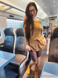 1183 - beige dress and boots with black patterned pantyhose 1136