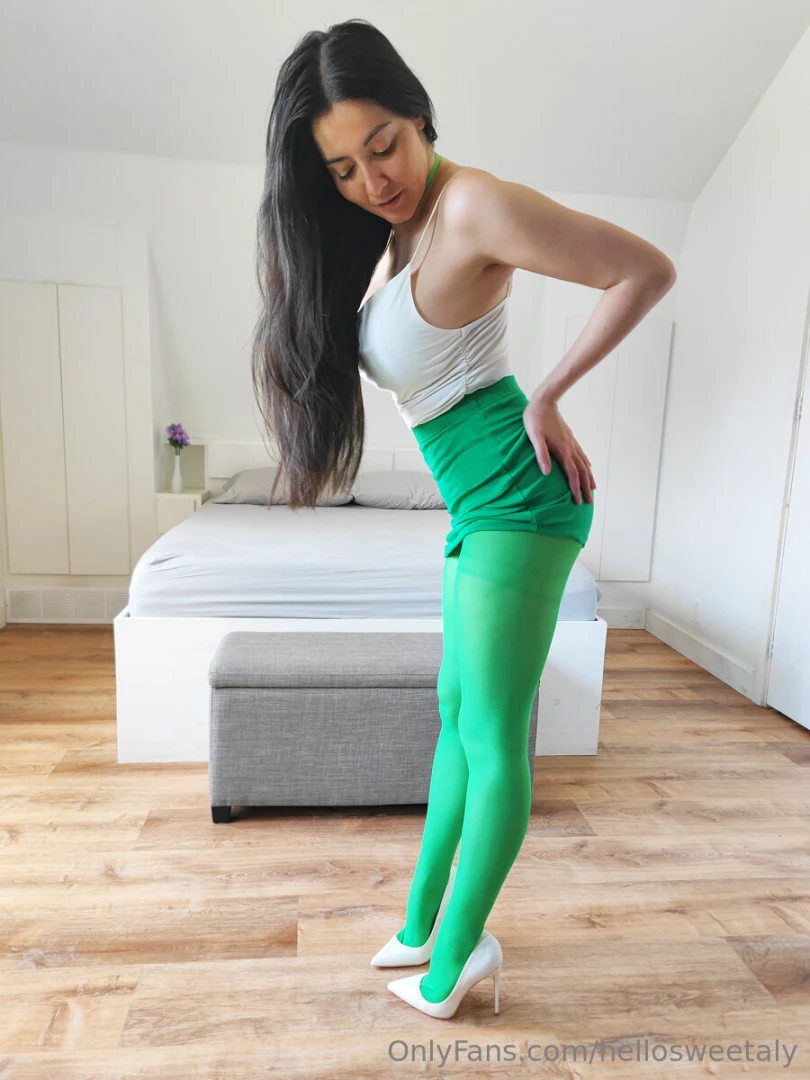 1227 - white top and heels with a green skirt and tights 