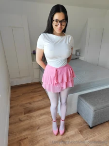 1223 - white top and tights with a pink skirt and heels