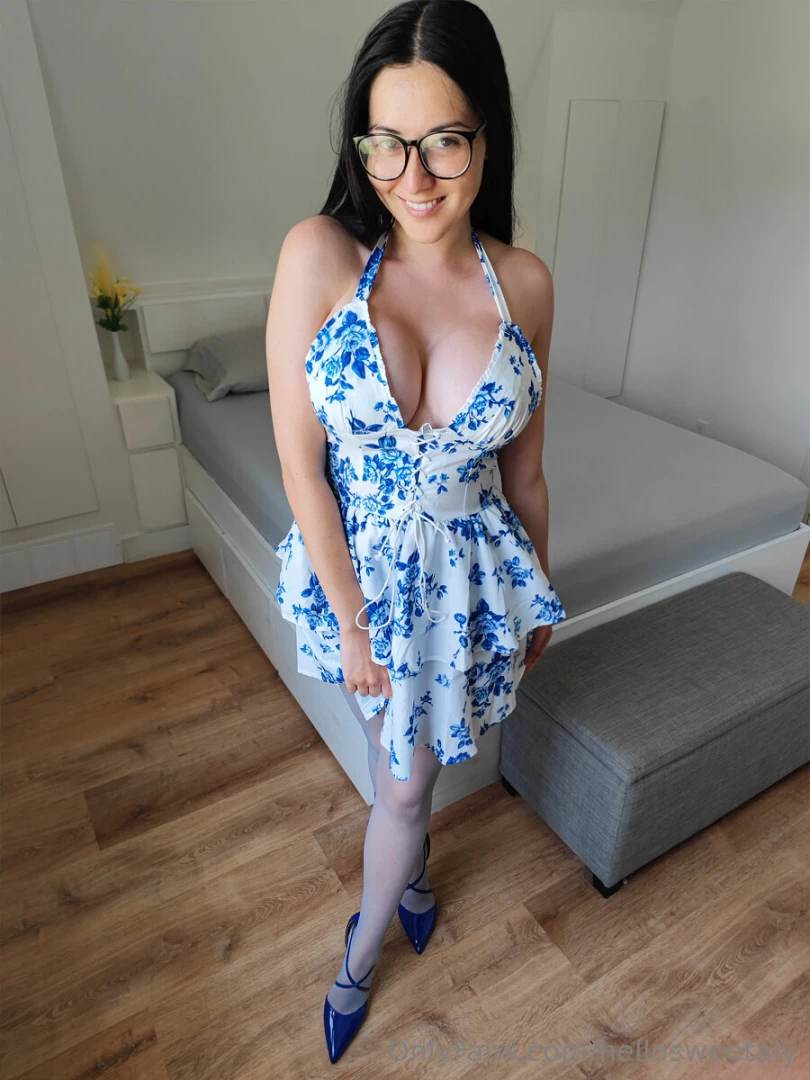 1249 - blue and white patterned dress with light blue pantyhose and 