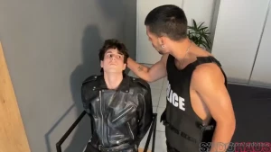 Evil cop arrests leather slut boy to fuck him