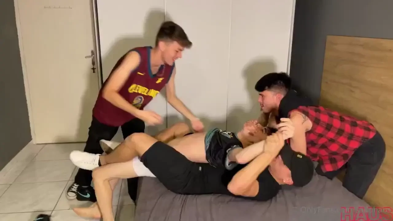 Naughty boys bind arrogant boy for a tickle and bondage session 