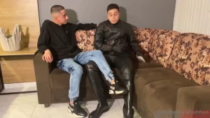 Straight leather roommate is tied up by his smaller gay friend who