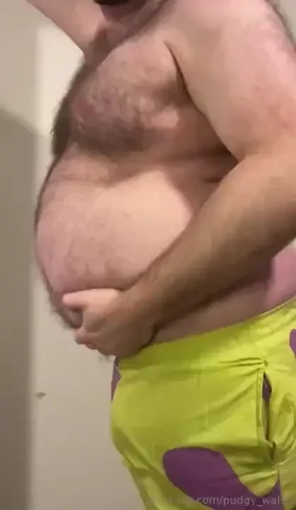 Super stuffed belly and fat chat in tiny patrick star shorts with a 