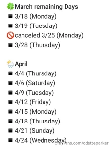 End of march and all of april cam schedule click read more to see the part 2