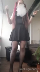 Full body view of me smoking in a sexy outfit showing my feet in