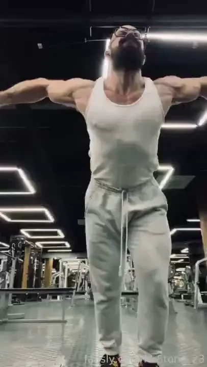 Pecs training on lower part of them muscle hairy beard mustache flex 