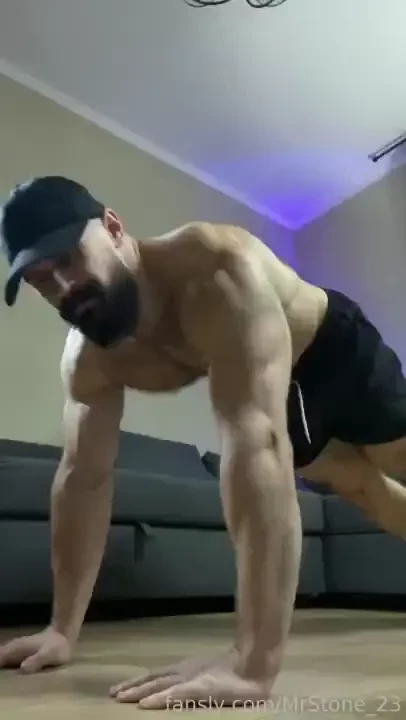 Pumping my huge pecs to get them even thicker muscle hairy beard 