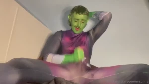 Beast boy flexing drooling amp rutting in his supersuit halloween