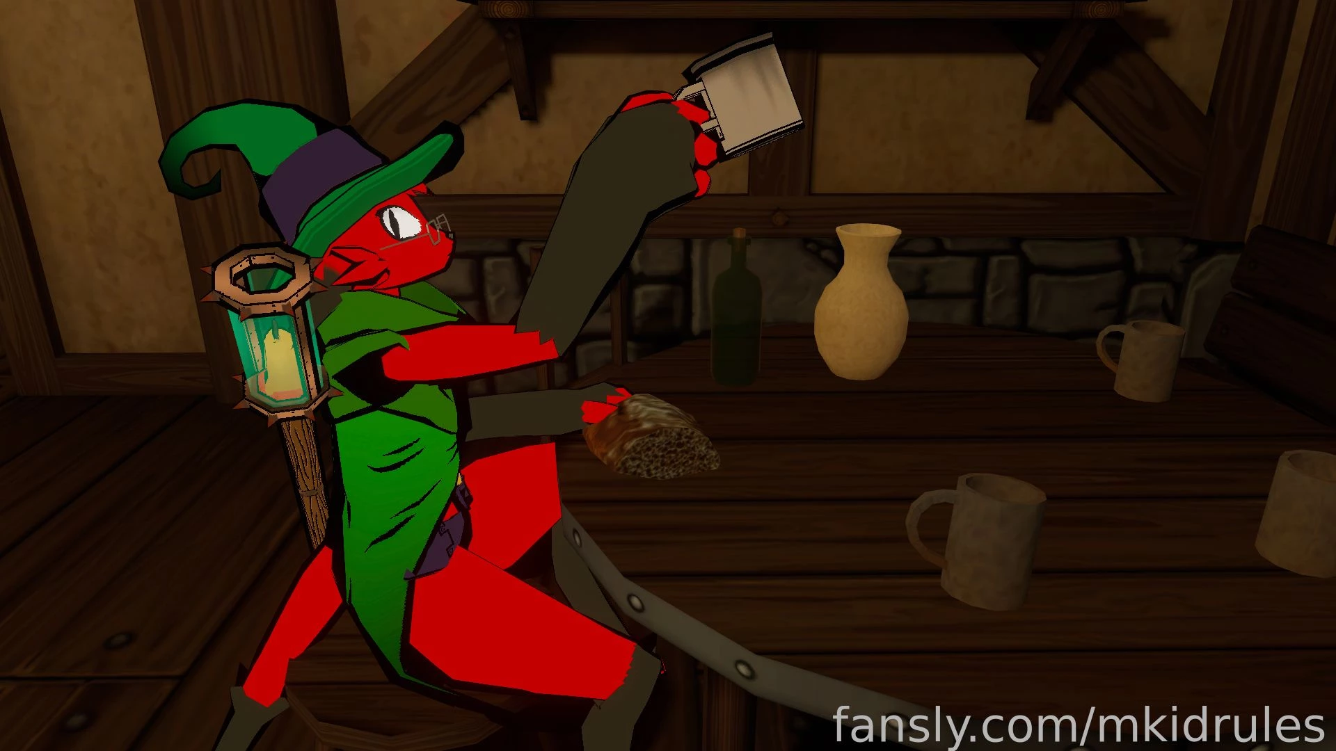 Mk has made it to the next tavern and decided to enjoy some drinks 