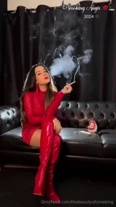 Thigh high red boots red velvet miniskirt red see through top