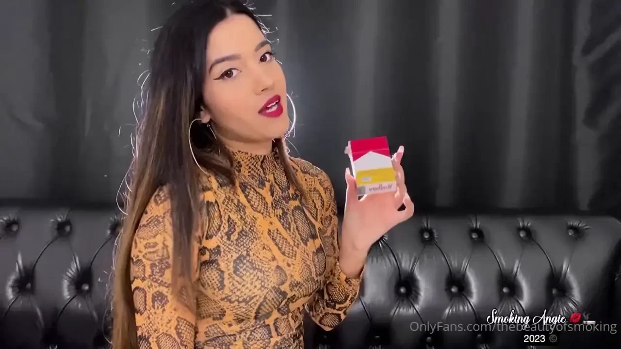 Angie powersmoking marlboro red side view nose exhales double and 