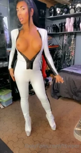 Sexy white catsuit smoiking a 120 mm
