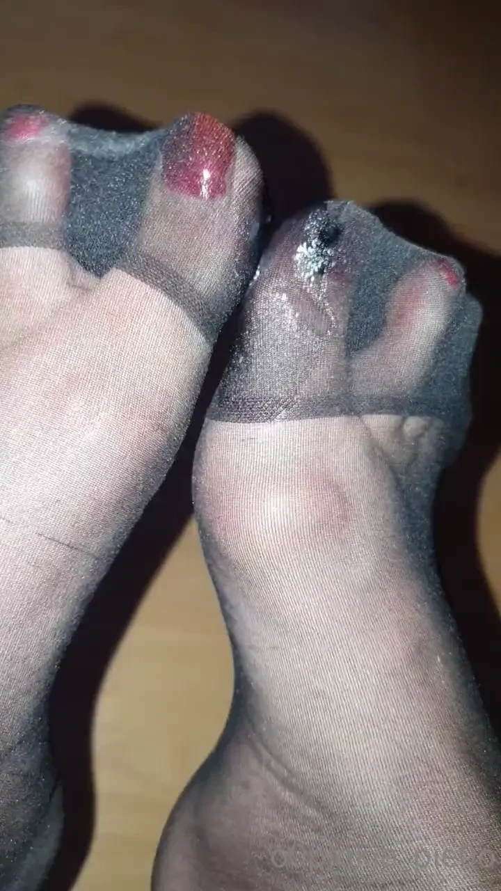 Yummy cum on my black nylon feet after a hot footjob 
