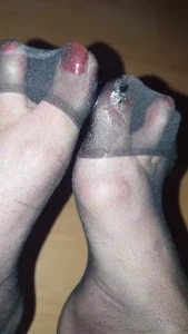 Yummy cum on my black nylon feet after a hot footjob