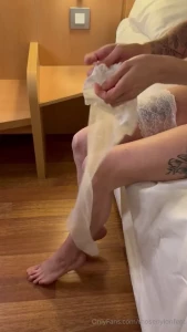 Bts with ava_grey_paid slipping into some white stockings