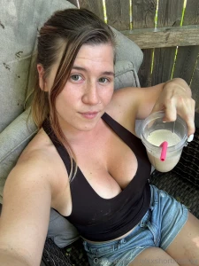 Sitting outside in the shade enjoying a protein shake my body is so