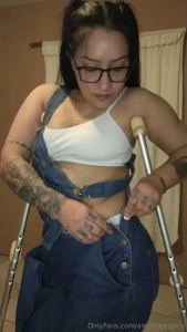 Special video walking with my crutches with my jeans overalls and