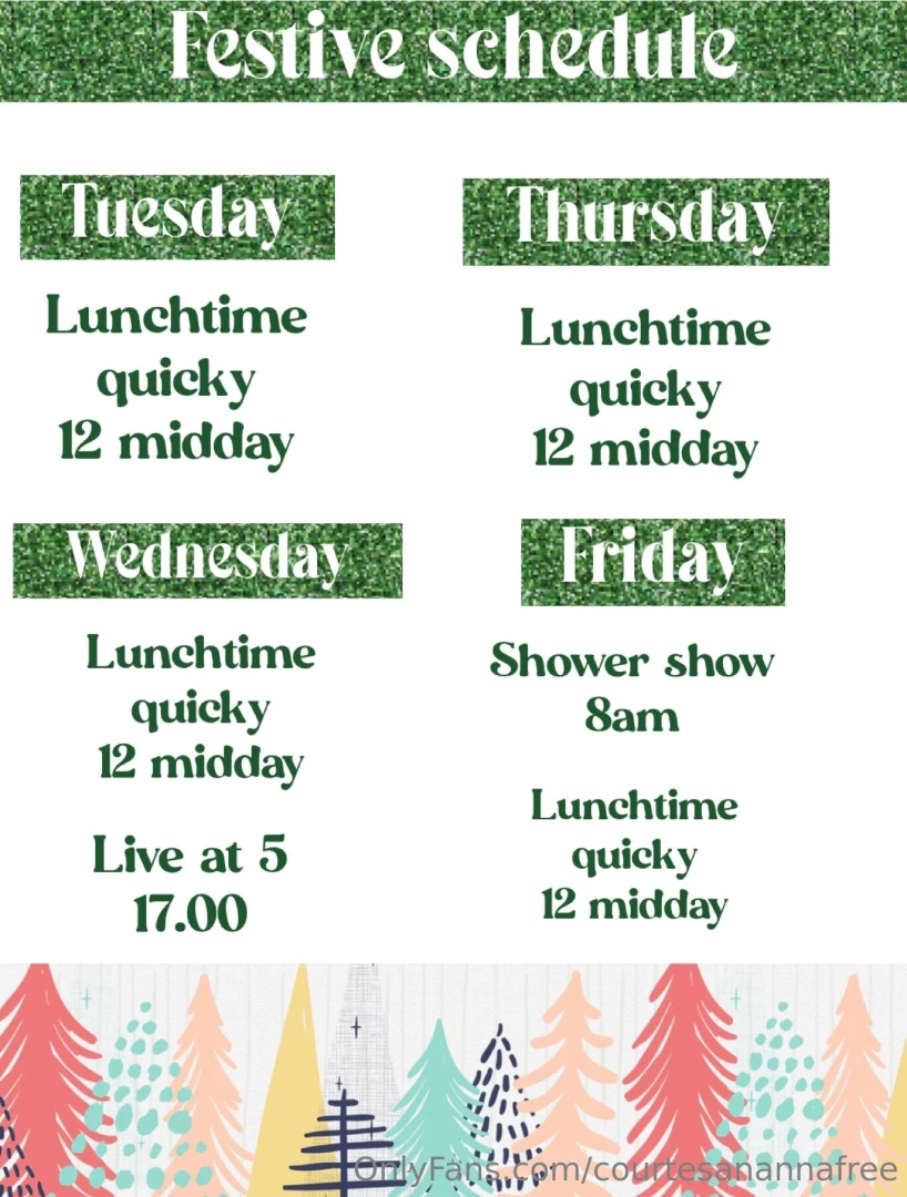 Festive weekly schedule of live streams on my vip page courtesananna 