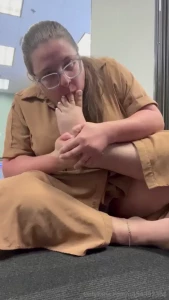 Sucking and licking my pretty feet at the library coworker almost
