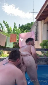 I fucked hairy ass of my friend in his swimming pool and fed him with