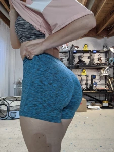 Little booty shorts in my messy workshop
