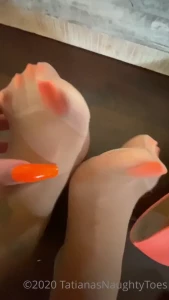New 2020 09 02 neon orange pedicure - nylons3 showing both feet and