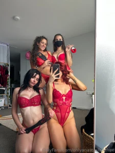 4 cheeky girls dressed in red we have been so naughty lately i can t