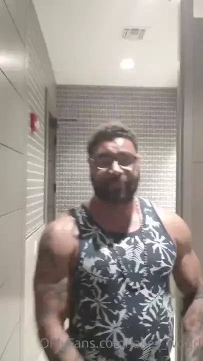 Gym bathroom spank off cum with view from behind 