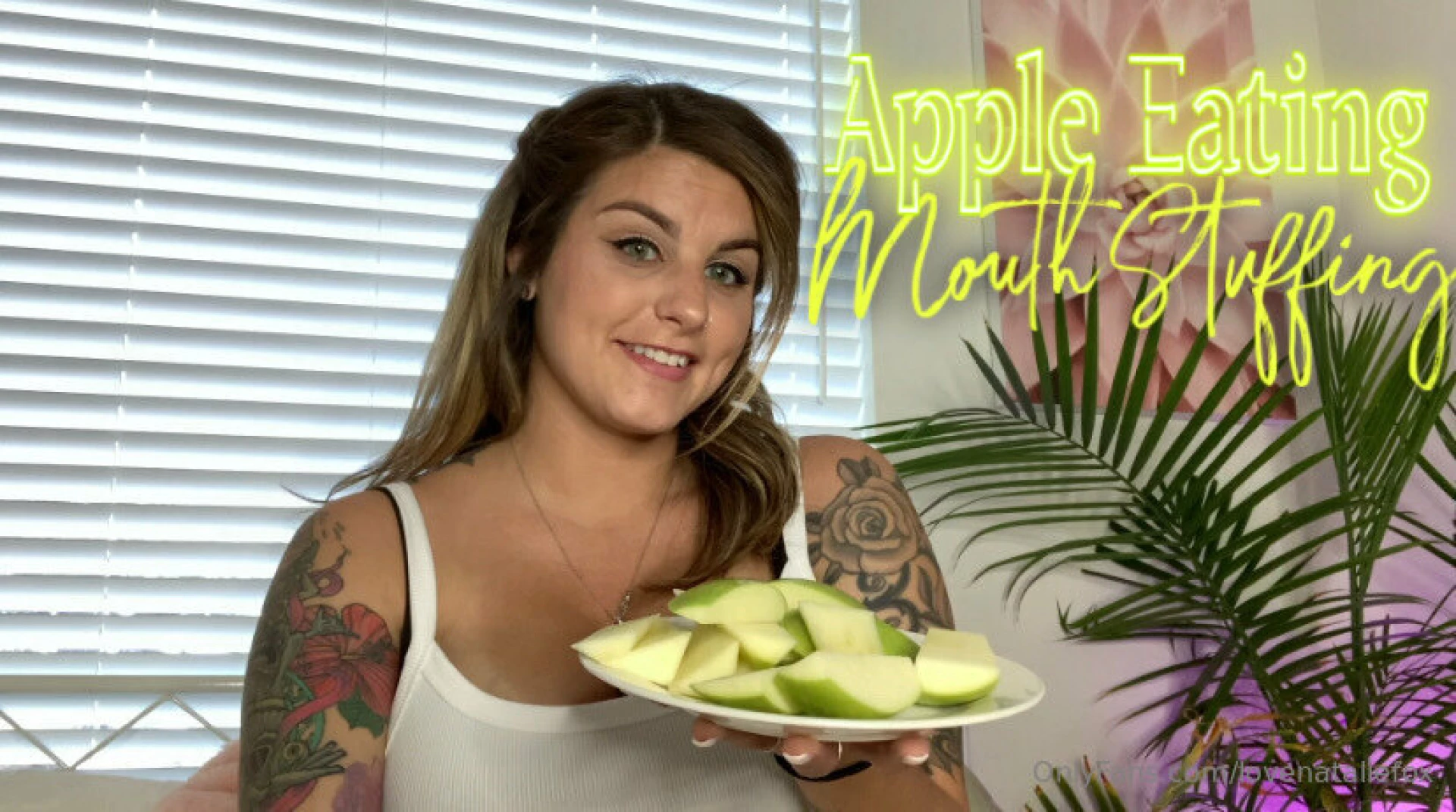Apple eating mouth stuffing feeding your fantasy with an open mouth 