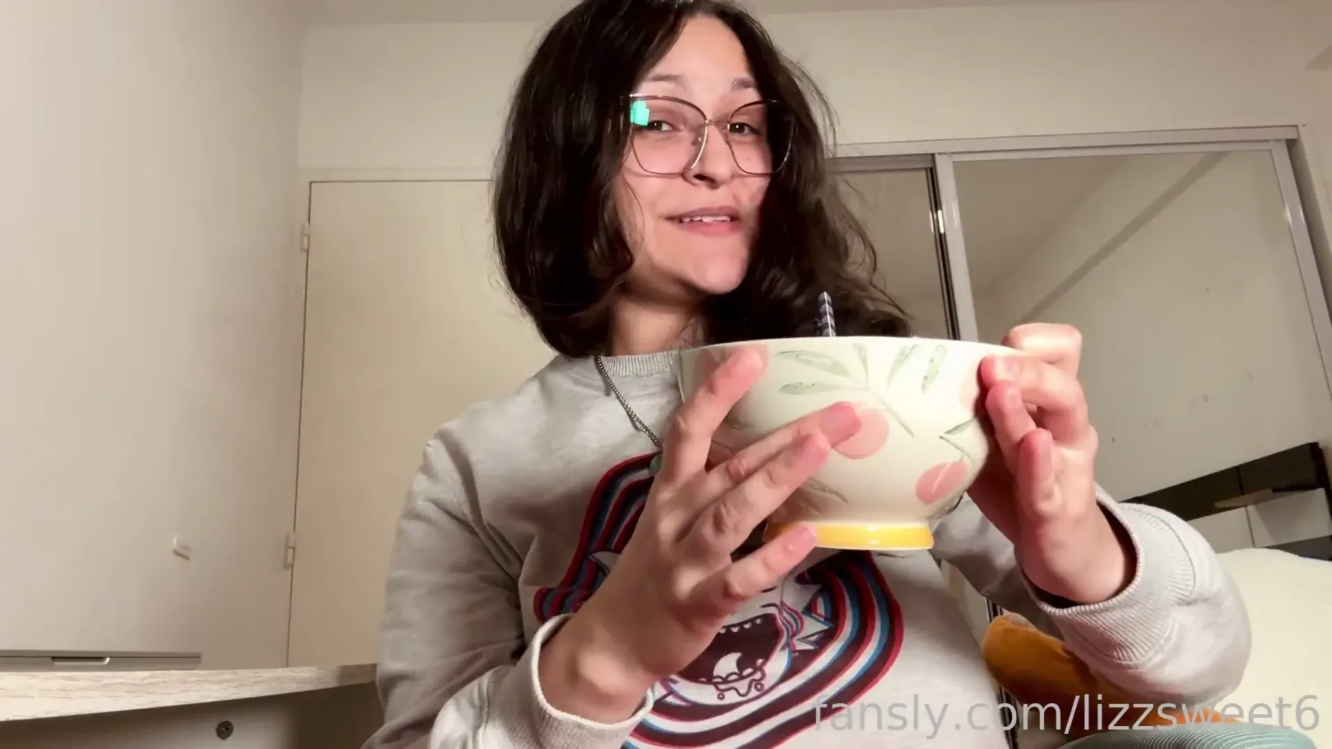 Eating my favorite noodle soup in my new cute bowl i slurp the soup 