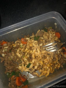 Trader joe s quickly noodles mixed with ground beef and hot sauce and